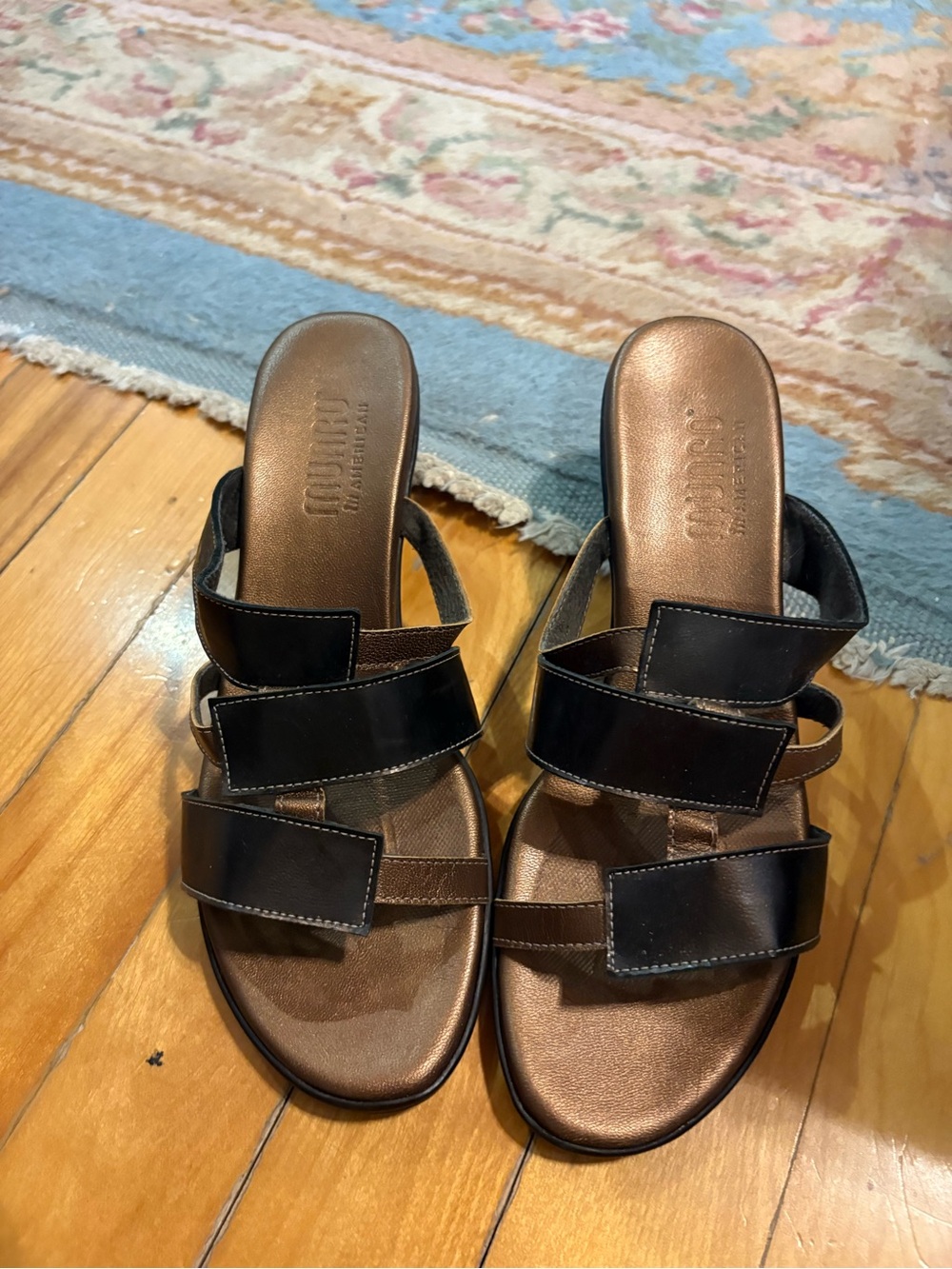Munro Brown and Black Triple-Strap Slide Sandals